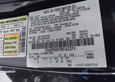 2019 Ford Fusion Se z USA, uszkodzony, nr VIN 3FA6P0HD7KR162374